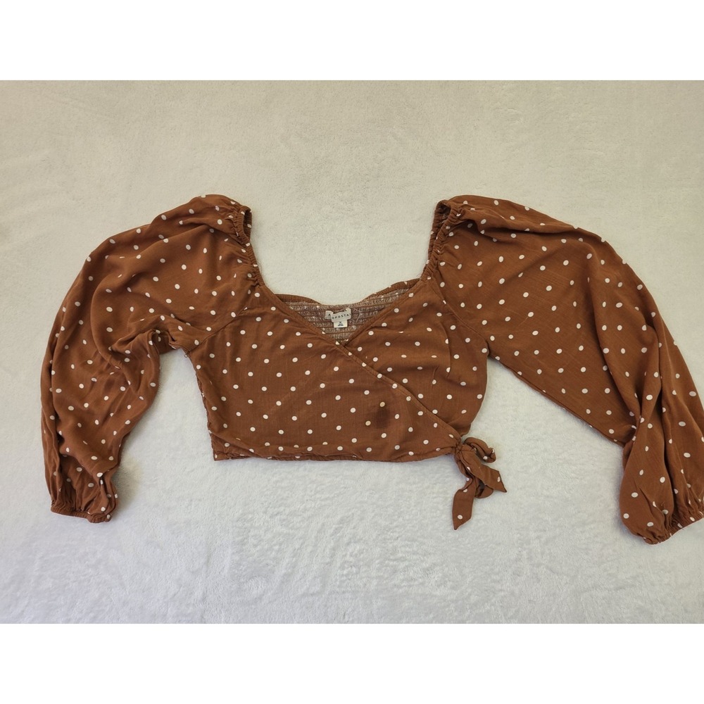 Aeropostale Crop Top Womens Medium Brown Polka Dot Puff Sleeve Tie Front Boho